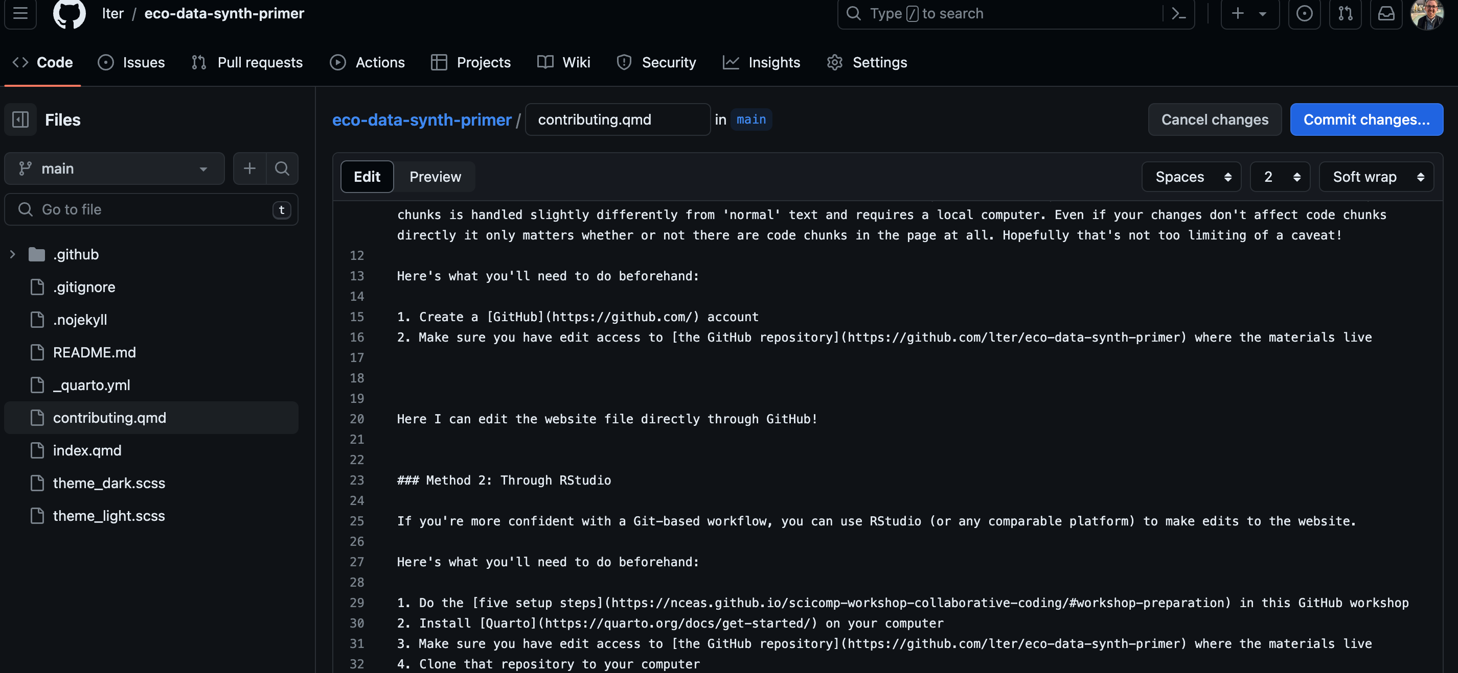 Screen capture of a file being edited in GitHub