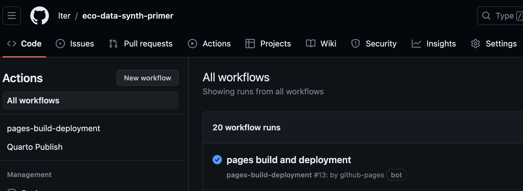 Screen capture of a  GitHub Action that has finished with a little check mark