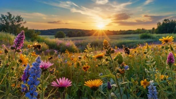 wildflowers in foreground with sun rising over forest in background