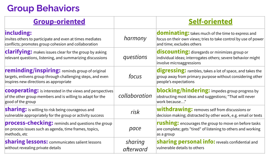 table of group-oriented and self-oriented behaviors