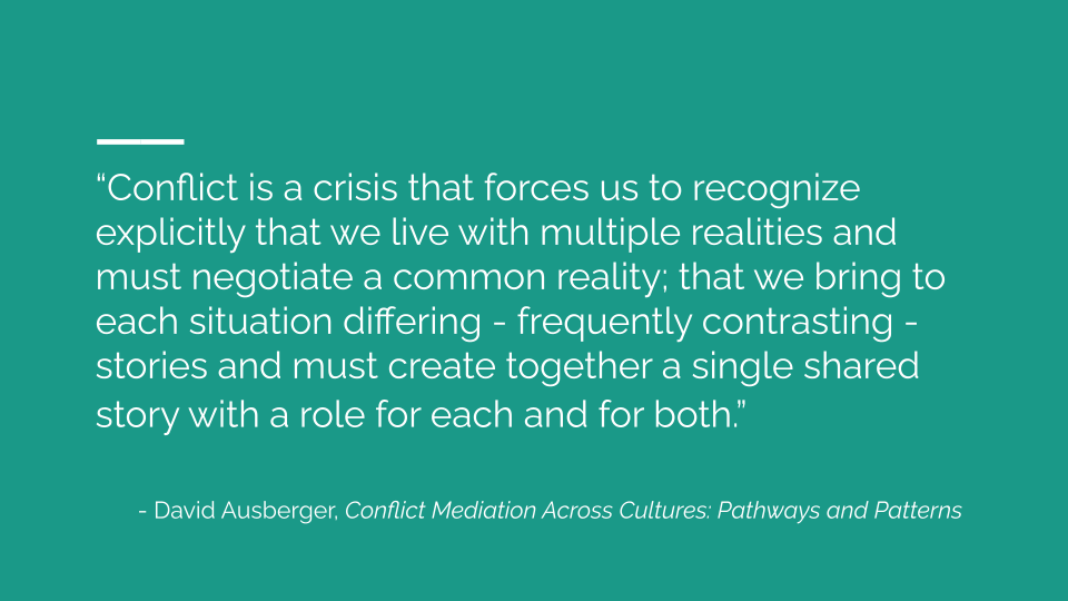 Colored background behind the quote 'Conflict is a crisis that forces us to recognize explicitly that we live with multiple realities and must negotiate a common reality;  that we bring to each situation differing--frequently contrasting--stories and must create a single shared story with a role for each and for both'