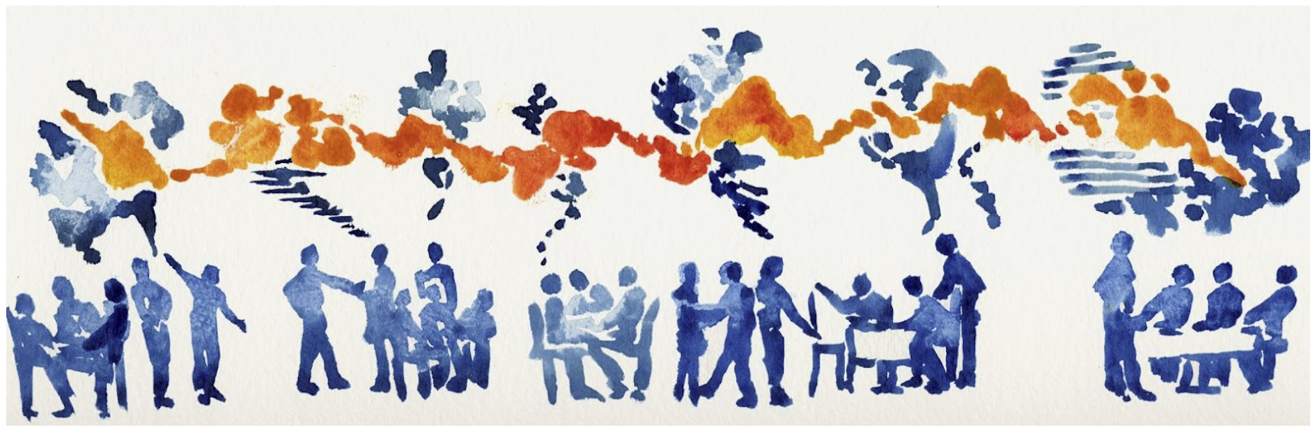 Art of many groups of people with blue speech bubbles connected by an orange amorphous cloud