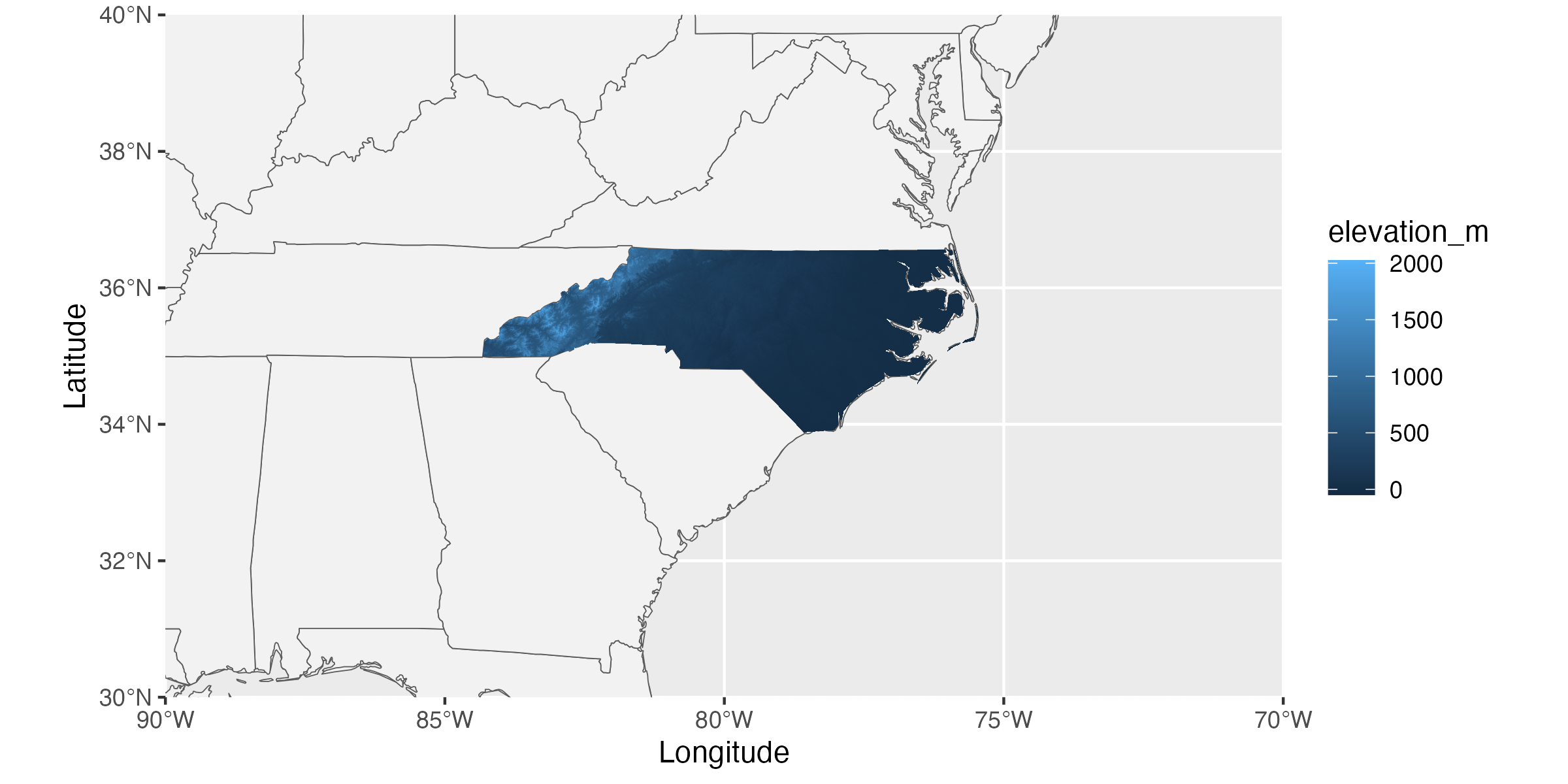 ggplot2-style map of the southeastern US where North Carolina is colored based on the per-pixel elevation