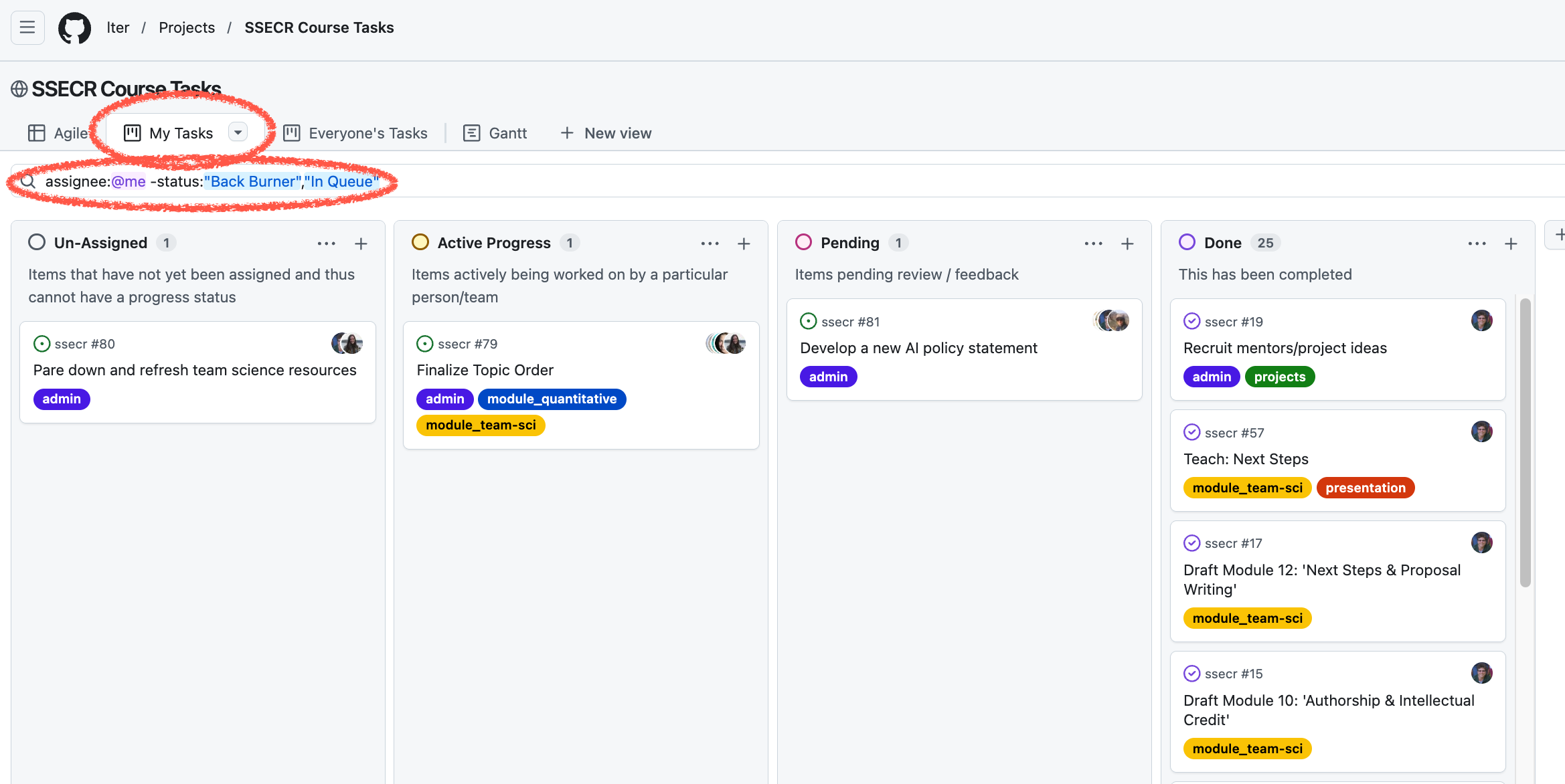 kanban board filtered down to only tasks assigned to the logged in user red circles highlight the my tasks tab and the filter criteria