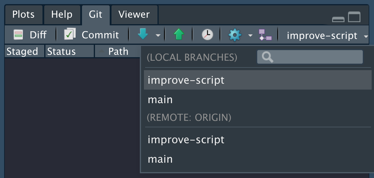 Screenshot of RStudio after the branch name was clicked (in the Git pane) showing that the new branch and the 'main' branch are options