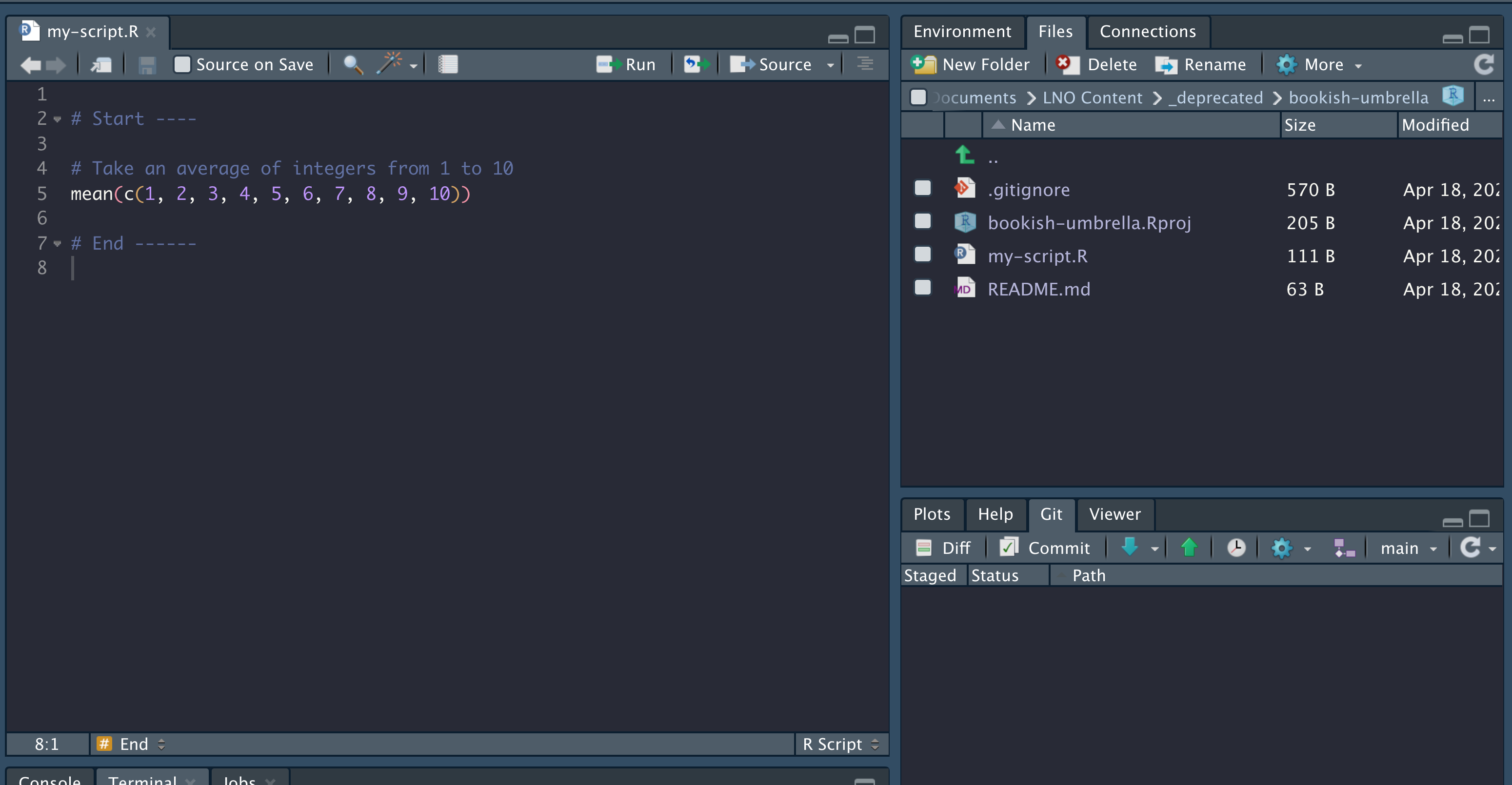 Screenshot of RStudio after showing the original (pre-pull request) version of the script