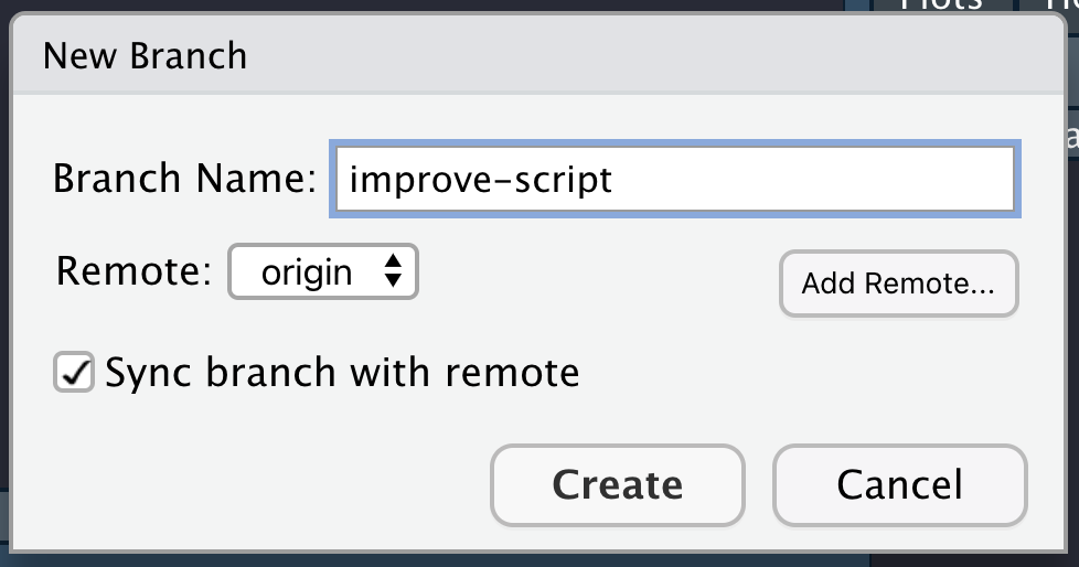 Screenshot of the menu that opens when you click the purple 'create branch' button in RStudio. Includes a text field for the branch name as well as a some other checkboxes/options (that can be safely left at their default settings in many cases)