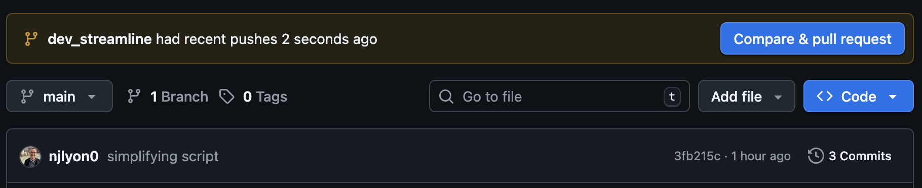 Screenshot of a repository in GitHub where the 'compare and pull request' button is being offered because GitHub detected a push in the branch