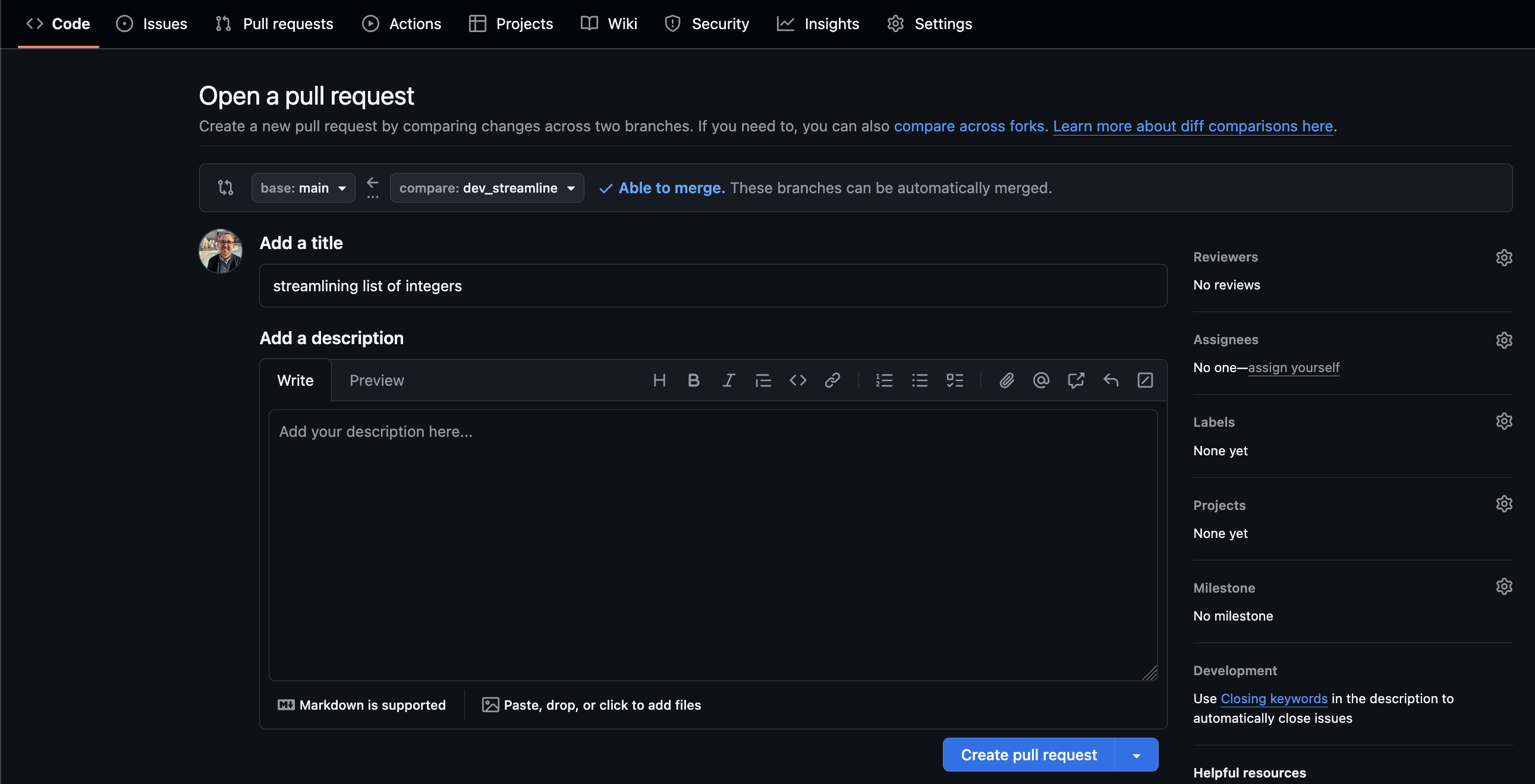 Screenshot of GitHub when you open a pull request and are prompted to give it a title and description