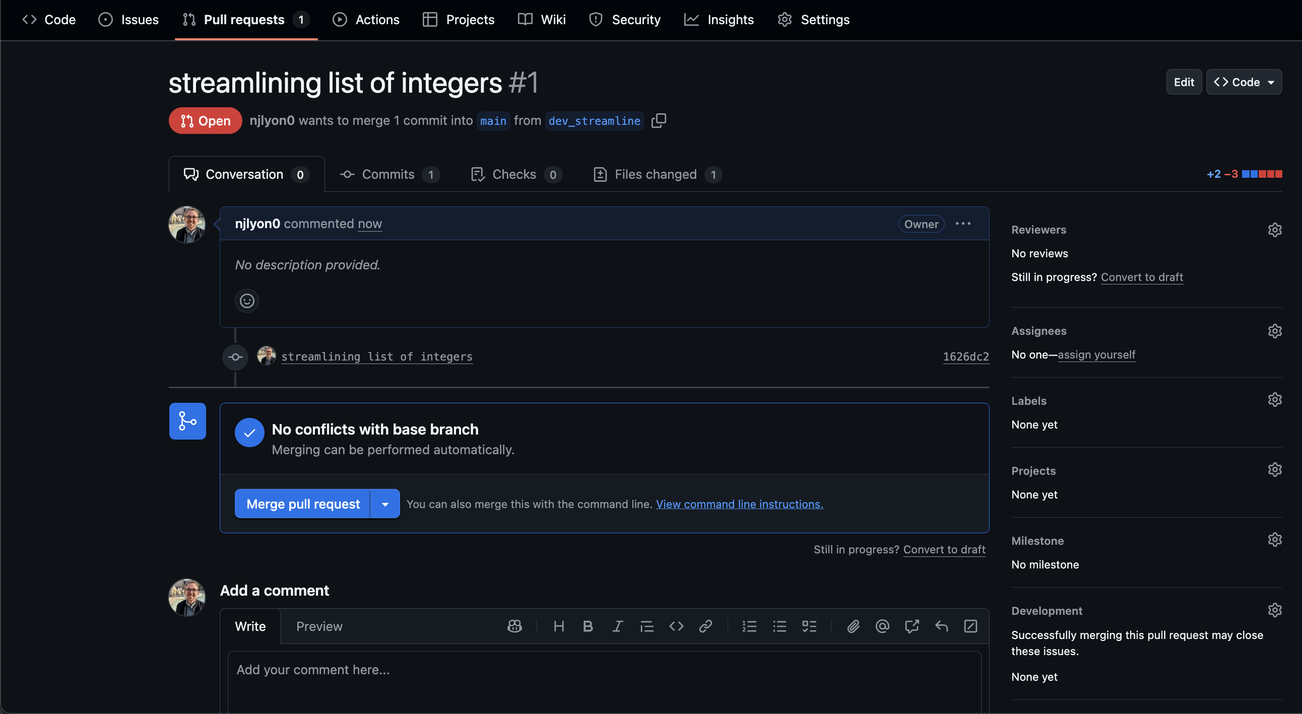 Screenshot of an open pull request on GitHub