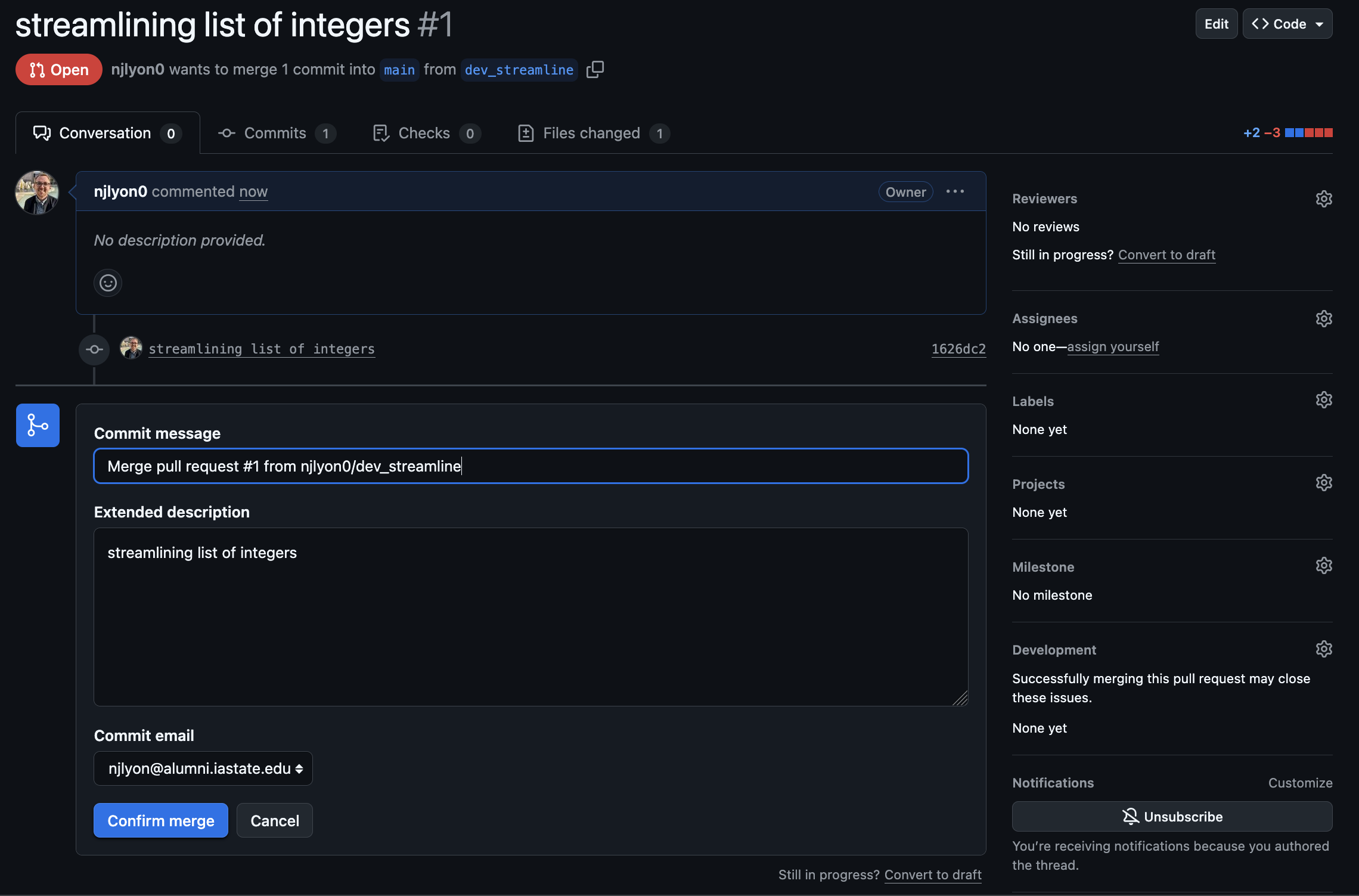 Screenshot of the menu that opens on GitHub when you click 'merge pull request' where you are prompted to add an optional description before clicking 'confirm merge'