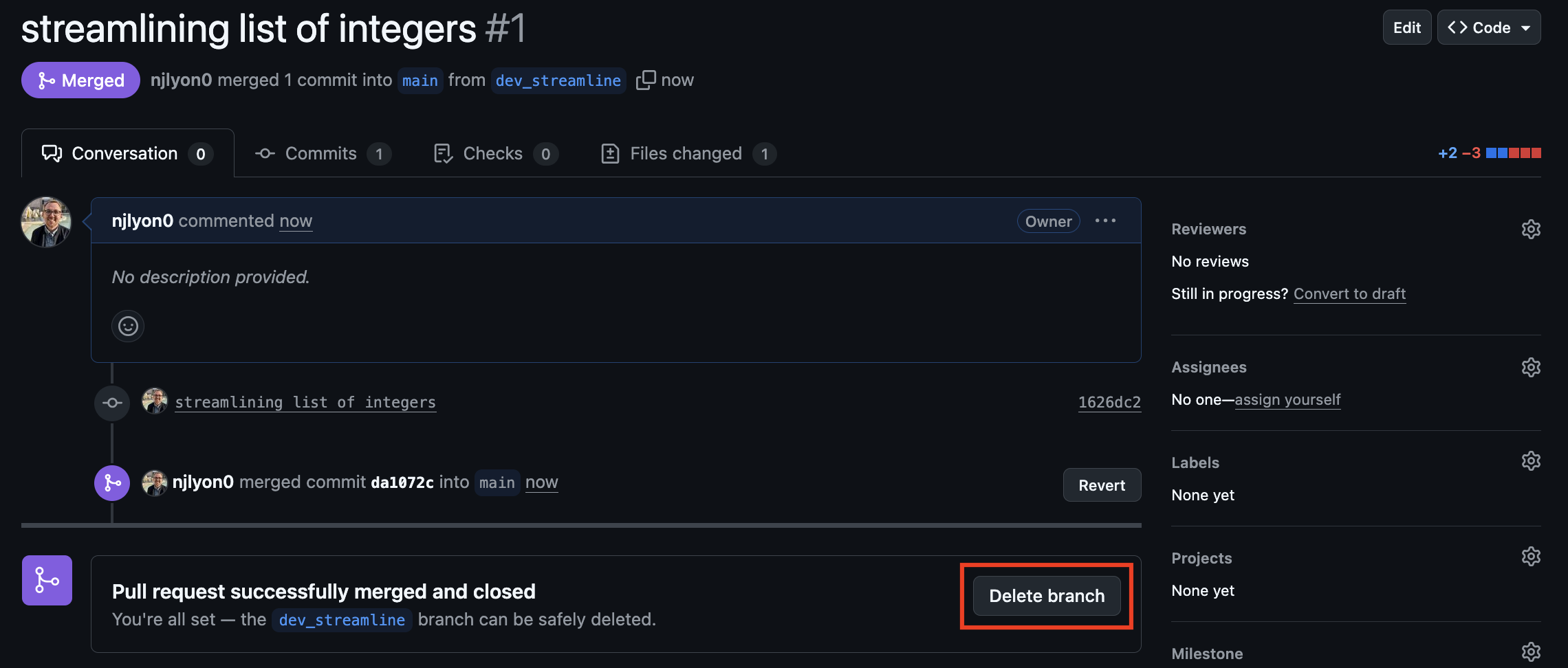Screenshot of a closed pull request on GitHub with a 'delete branch' button provided