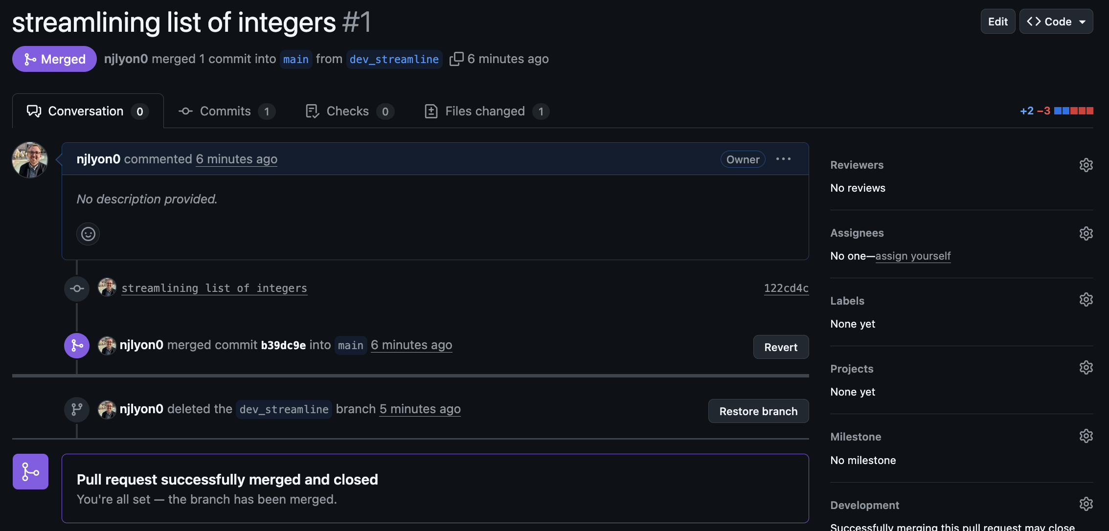 Screenshot of a pull request on GitHub after the 'delete branch' button has been clicked and replaced by a 'restore branch' button