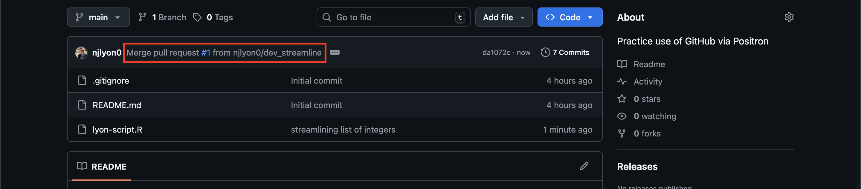 Screenshot of a the home page of a GitHub repository where the most recent commit matches the pull request commit message from an earlier screen capture
