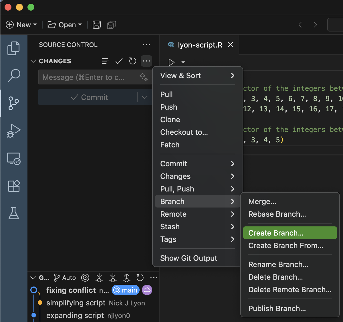 Screenshot of the dropdown menu in Positron for creating a new branch