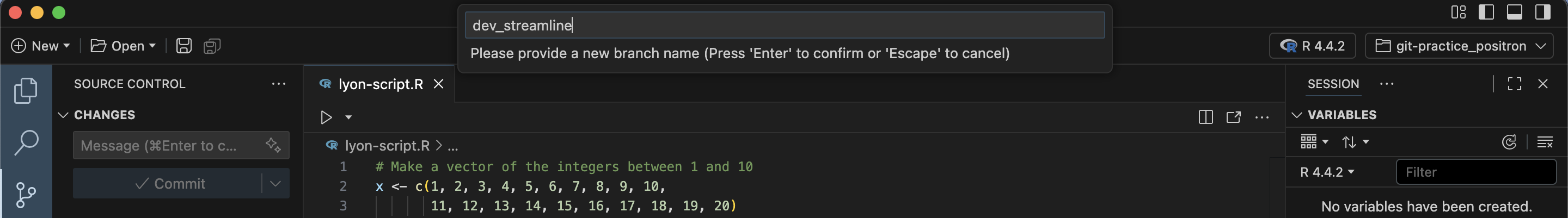 Screenshot of the field in Positron where you type new branch names