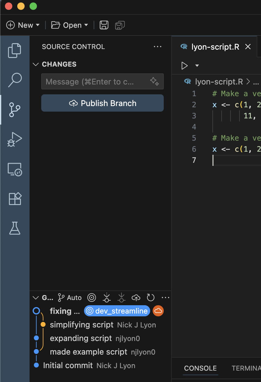 Screenshot of the Positron 'source control' pane where the 'Publish Branch' button is active