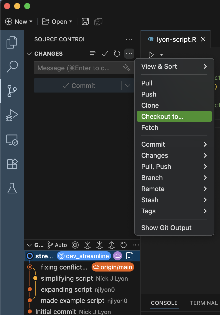 Screenshot of the Git operations dropdown menu in Positron with the 'checkout to...' menu highlighted