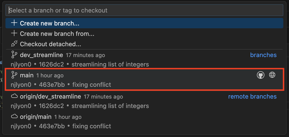 Screenshot of the Git operations dropdown menu in Positron