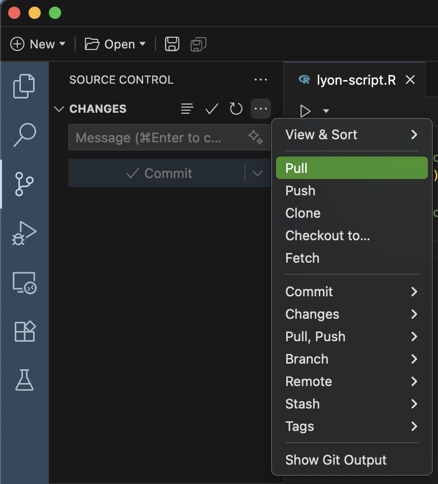 Screenshot of the Git operations dropdown menu in Positron with the 'pull' menu highlighted