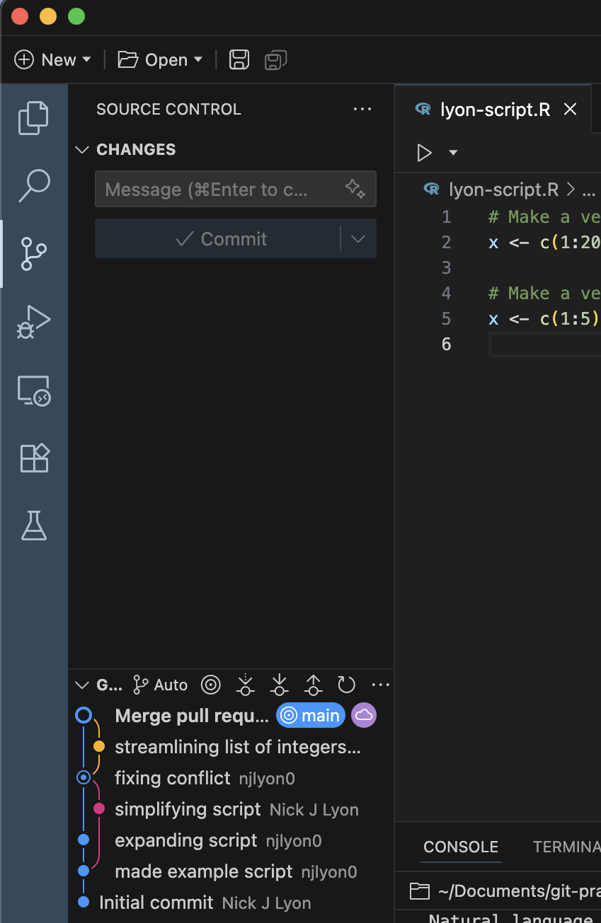 Screenshot of the branch diagram in Positron's source control menu