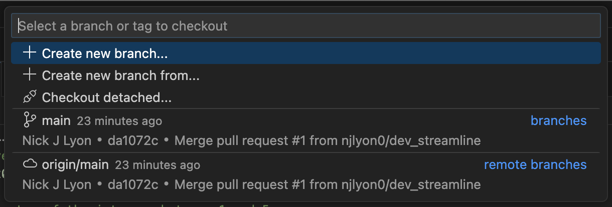 Screenshot of the Git branch dropdown menu in Positron