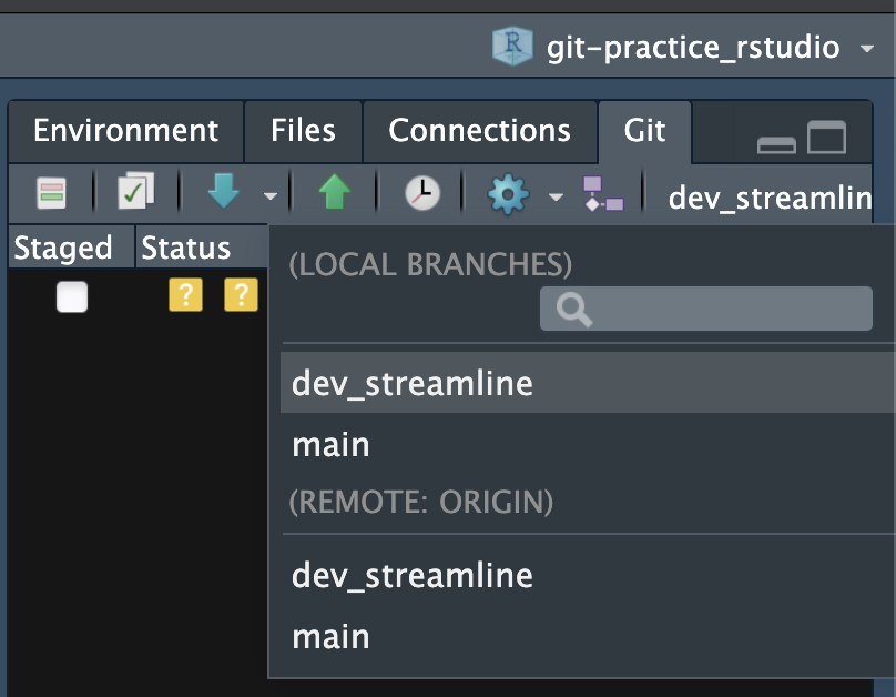 Screenshot of the Git branch dropdown menu in RStudio