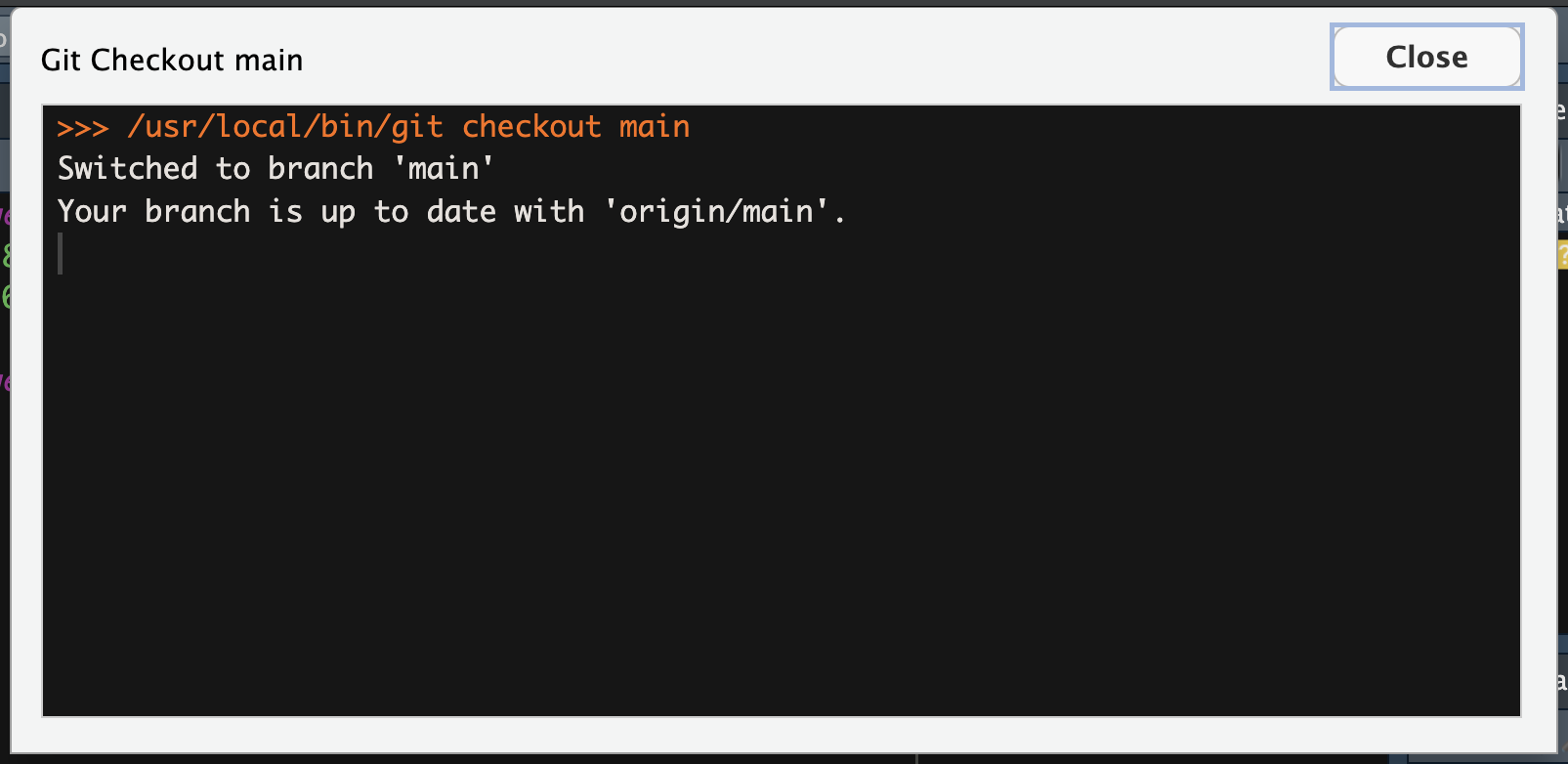 Screenshot of the Git message in RStudio when switching branches