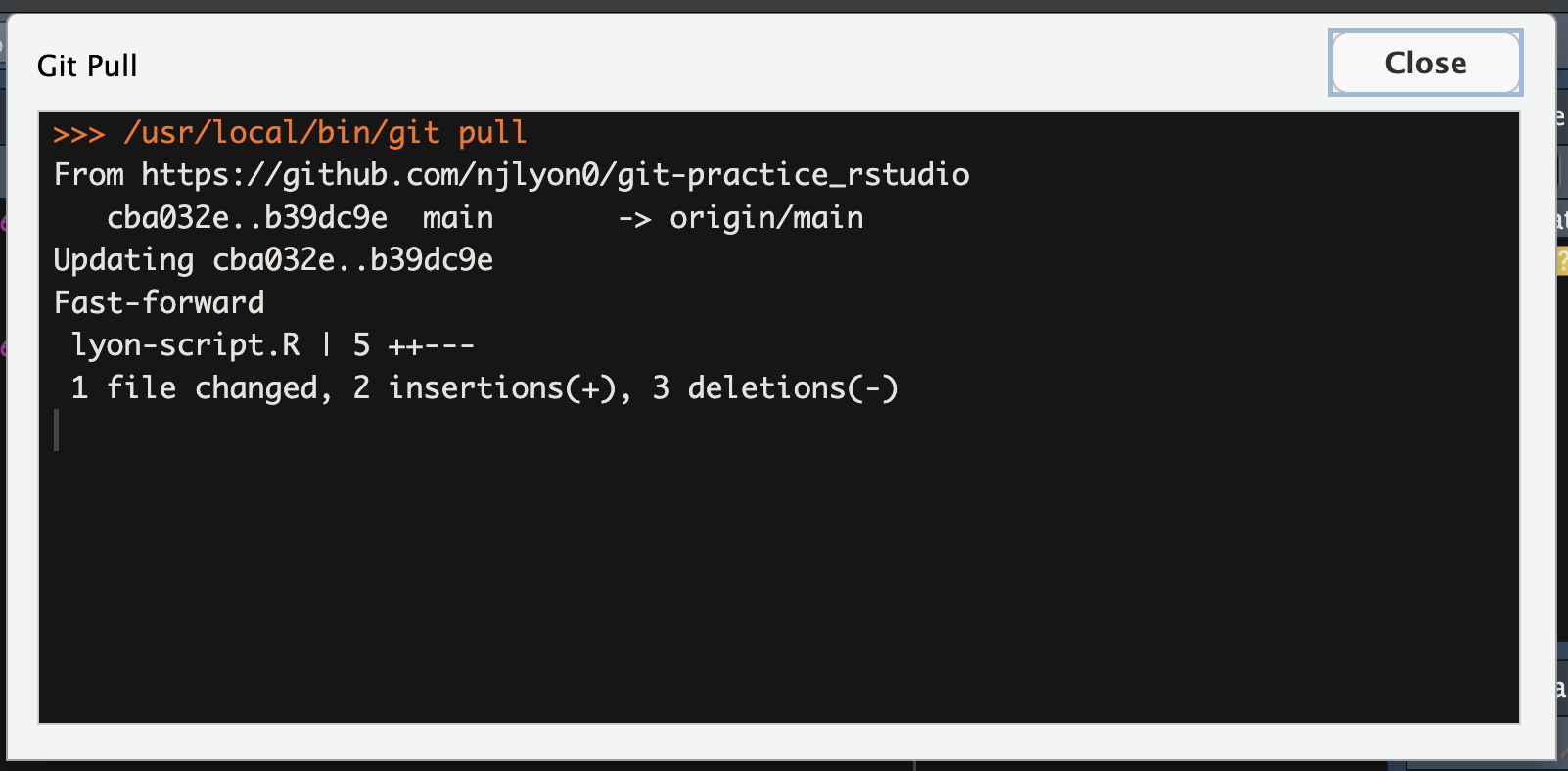 Screenshot of the Git message in RStudio when switching branches
