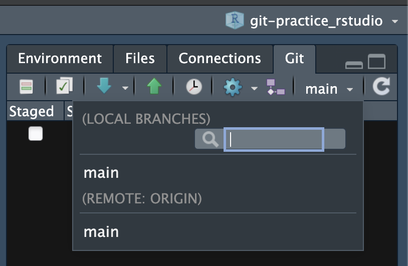 Screenshot of the Git branch dropdown menu in RStudio