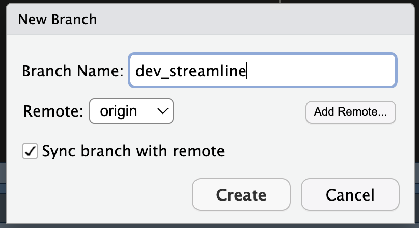 Screenshot of the menu that opens when you click the purple 'create branch' button in RStudio. Includes a text field for the branch name as well as a some other checkboxes/options (that can be safely left at their default settings in many cases)