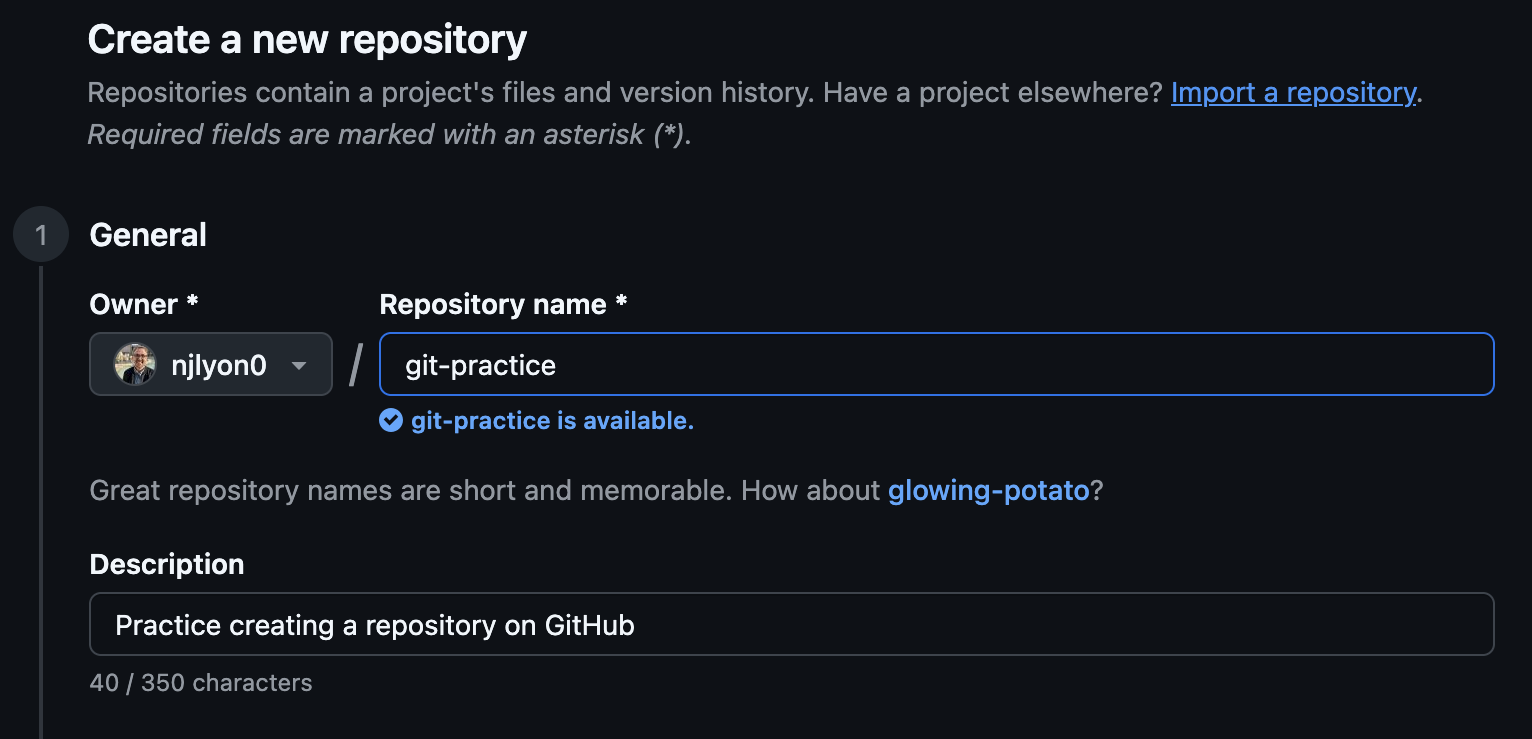 Screenshot of the page on GitHub that appears when you click 'new repository'. Contains empty dialogue fields for the repository name and description as well as options for public versus private repositories among other initialization options