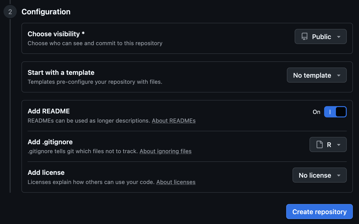 Screenshot of the page on GitHub that appears when you click 'new repository'. Contains empty dialogue fields for the repository name and description as well as options for public versus private repositories among other initialization options