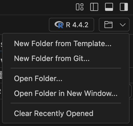 Screen capture of the Positron with the folder dropdown menu in the top right corner expanded to reveal recent folders