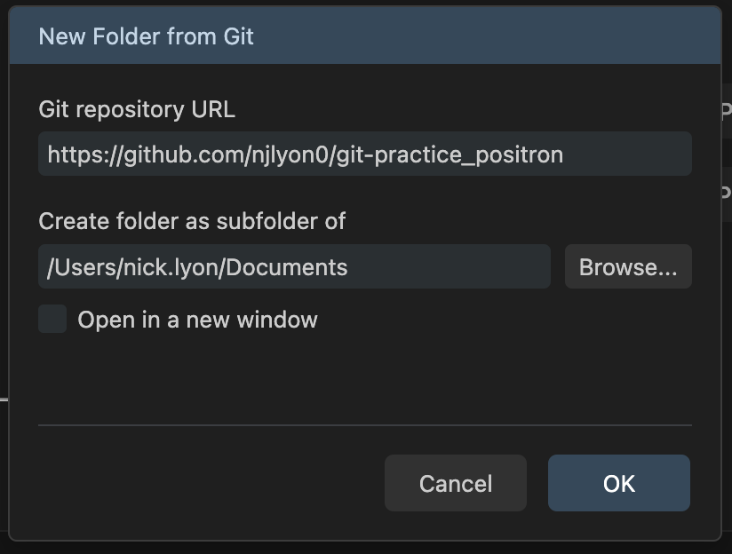 Screen capture of the Positron pop-up menu where a GitHub repository's details may be entered in order to clone it locally