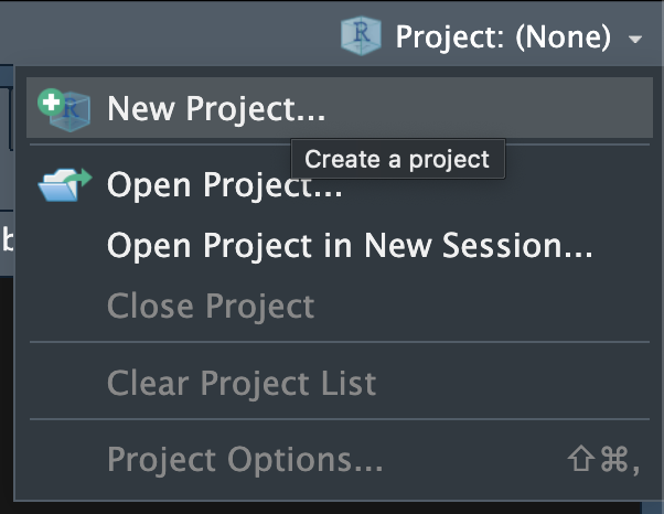 Screenshot of the menu that appears when someone clicks 'Project: (None)' in RStudio and hovers over the 'New Project...' button