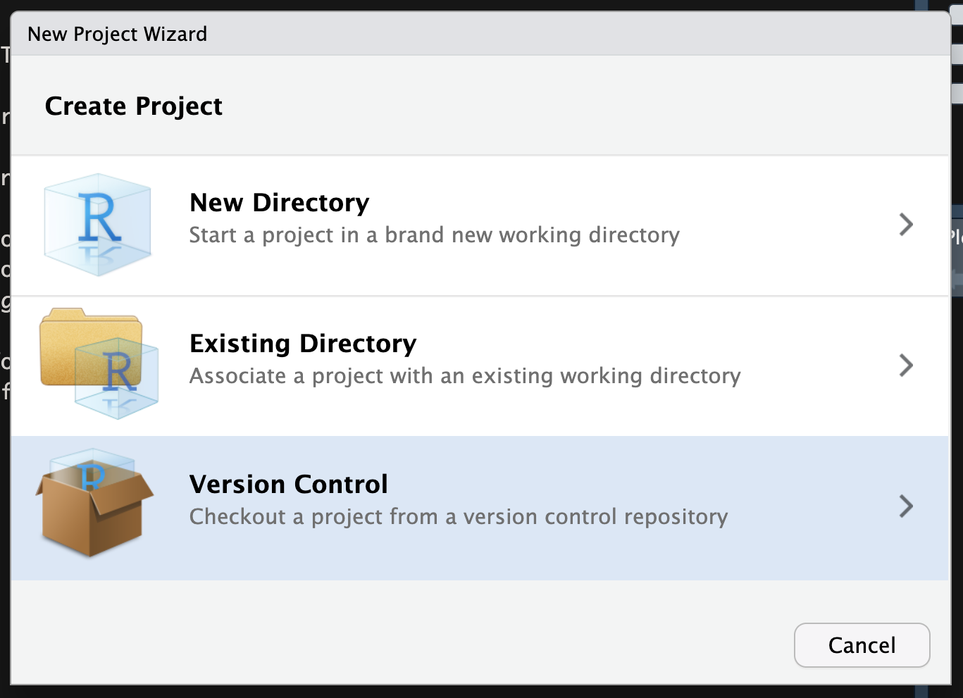 Screenshot of a menu with three options: 'new directory', 'existing directory', and 'version control'
