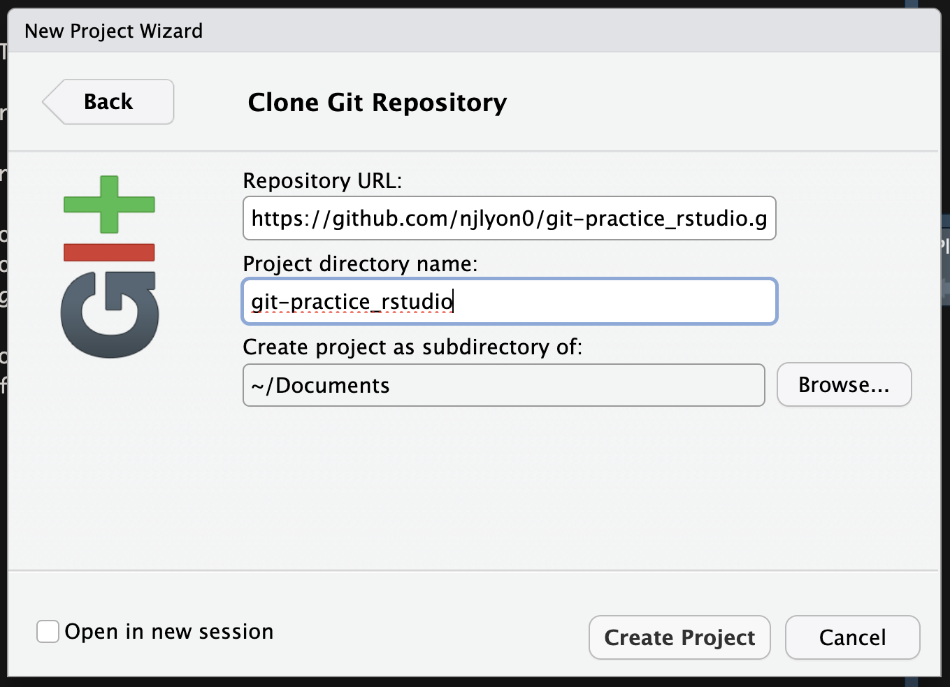 Screenshot of a menu with three open text fields, one for the 'repository URL', one for 'project directory name' and one for 'create project as subdirectory of'
