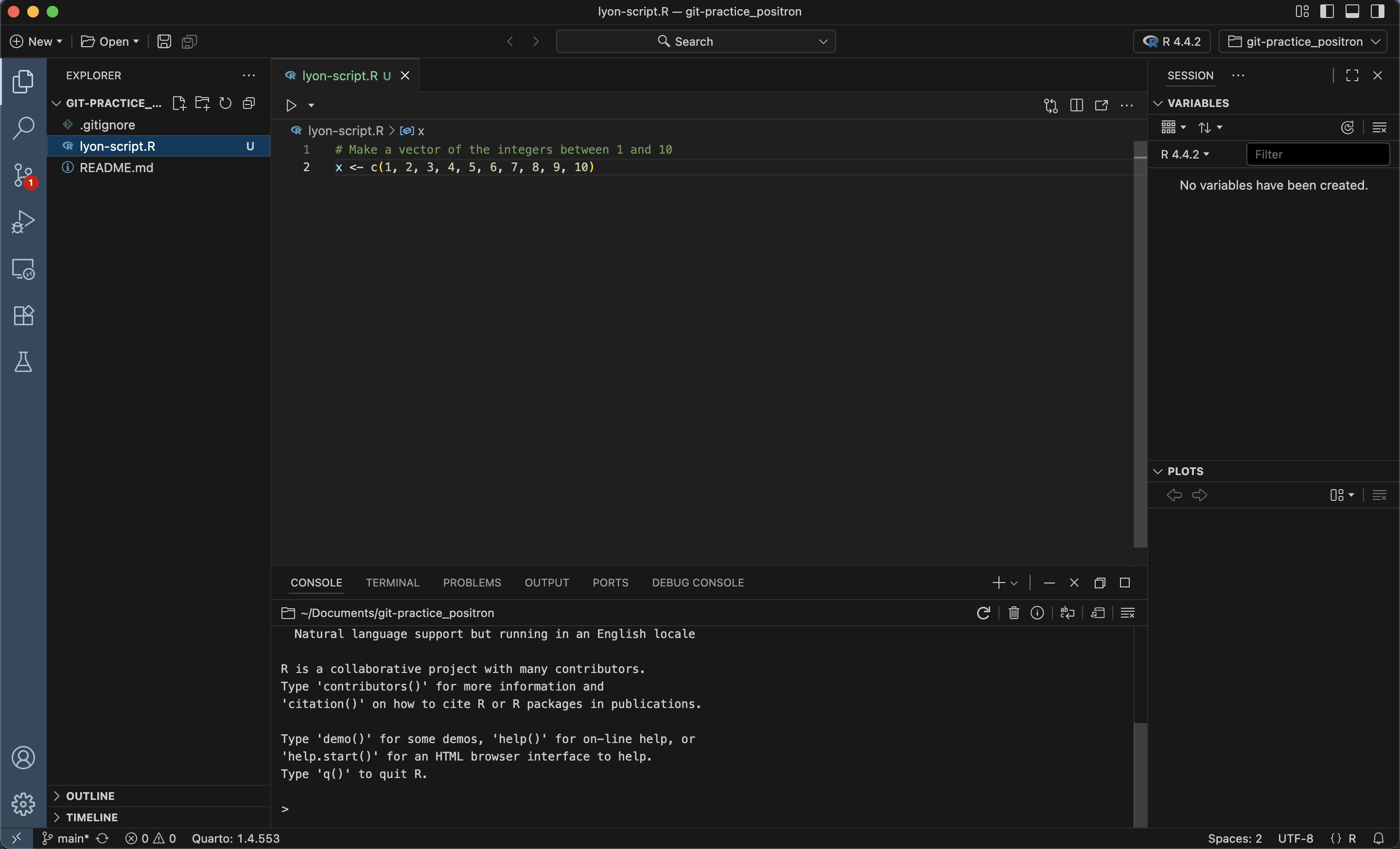Screenshot of Positron with an open script untracked by Git with one uncommitted change. Lack of commit is identified by red number '1' in the leftsidebar