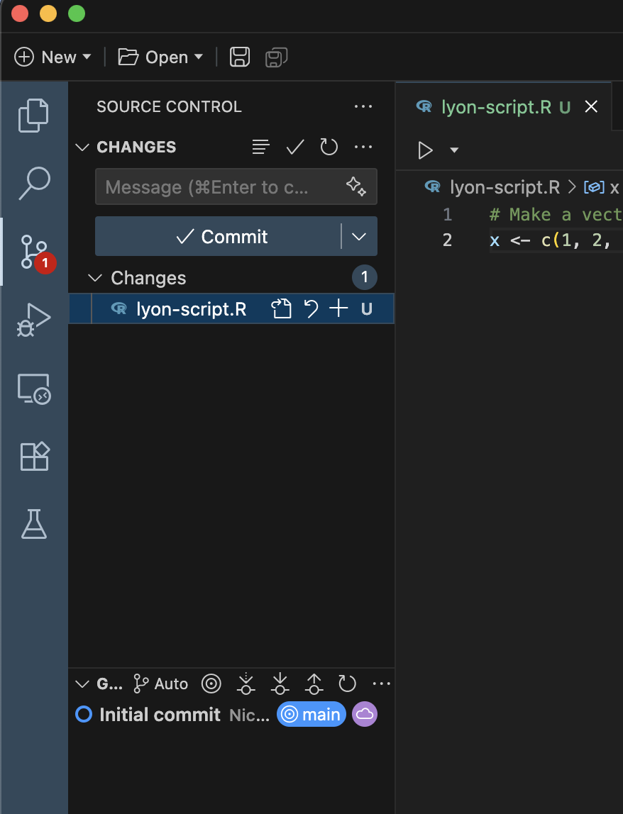 Screenshot of the source control pane of Positron showing one file with changes