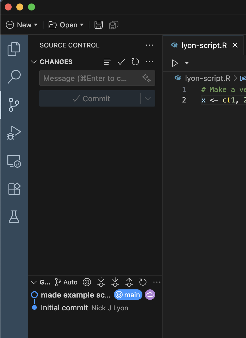 Screen capture of Positron source control pane when there are no new changes to be committed or synced