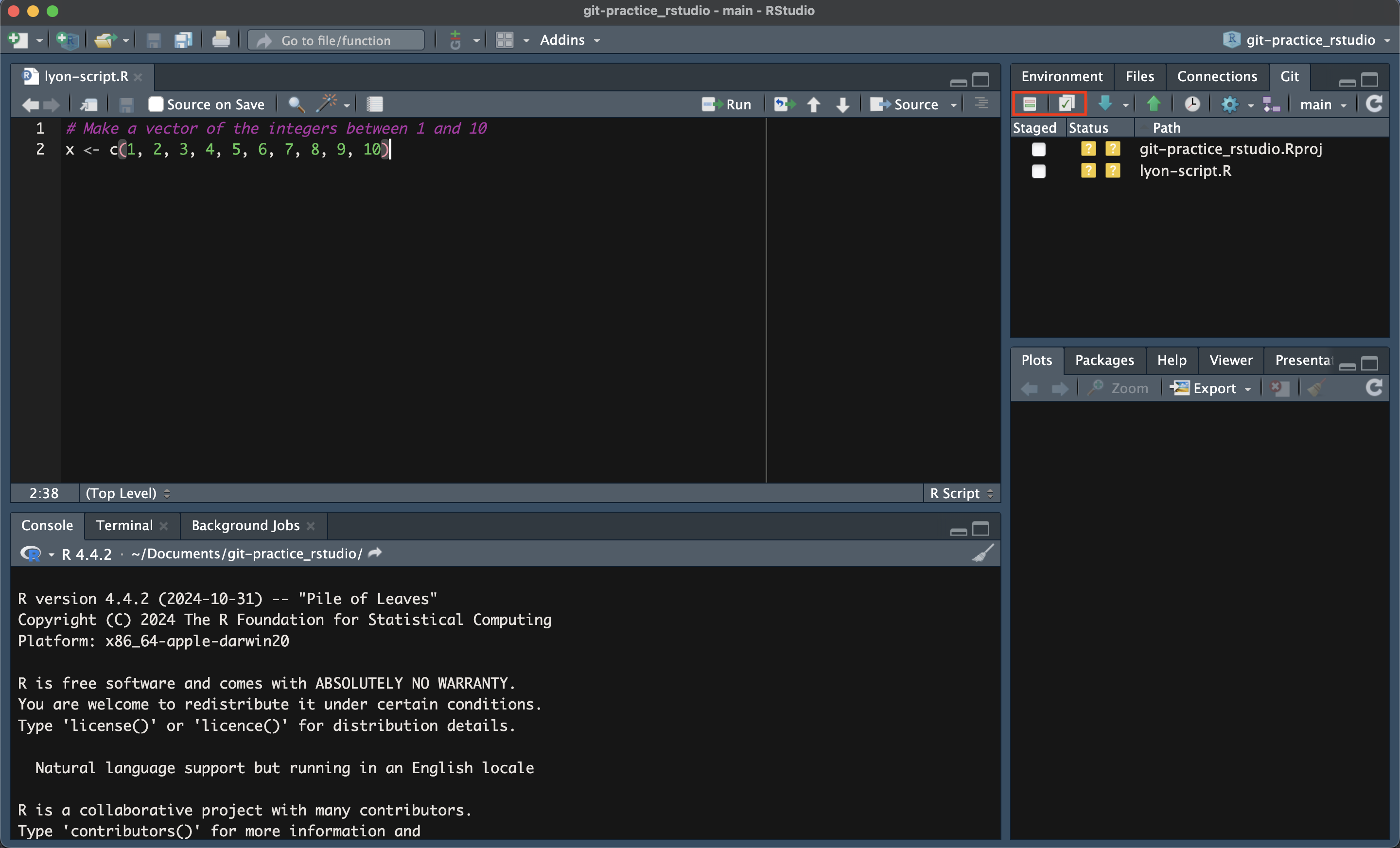 Screenshot of RStudio with an open script and several uncommitted changes identified in the 'Git' pane. Lack of commit is identified by double yellow squares containing a question mark