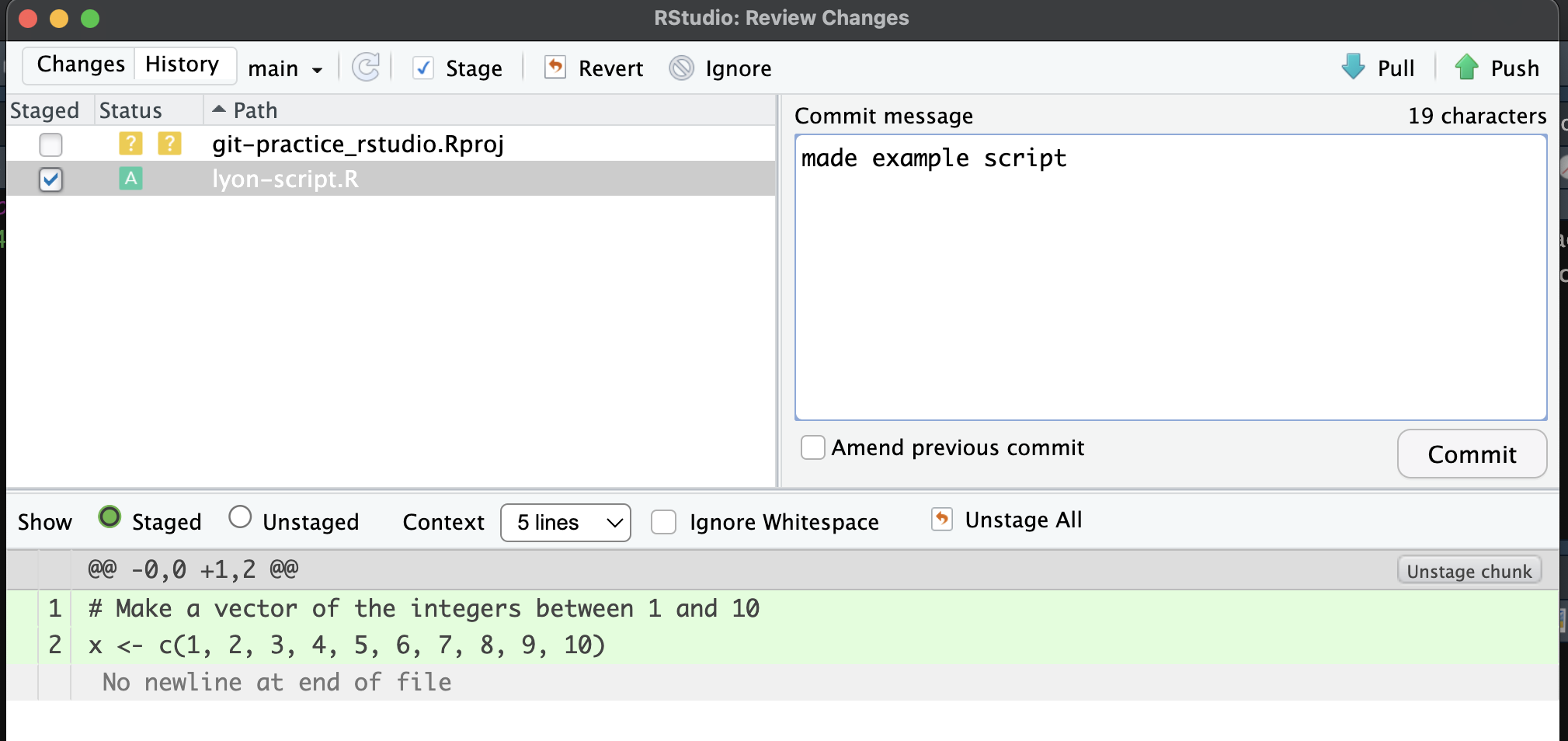 Screenshot of the 'diff' button--circled in red--in the 'Git' pane of RStudio