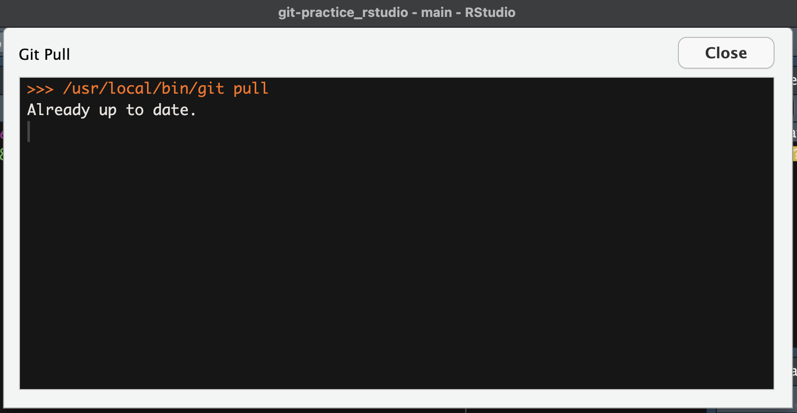 Screenshot of the message returned when you pull from a repository where you are already up-to-date