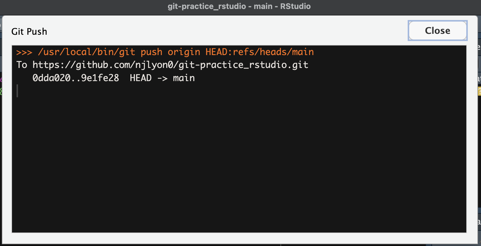 Screenshot of the message returned when you push a commit to a repository successfully