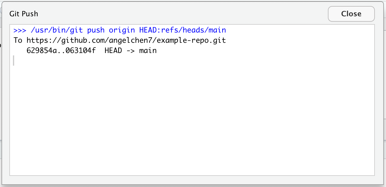 Screenshot of the success message from RStudio when a push works as desired