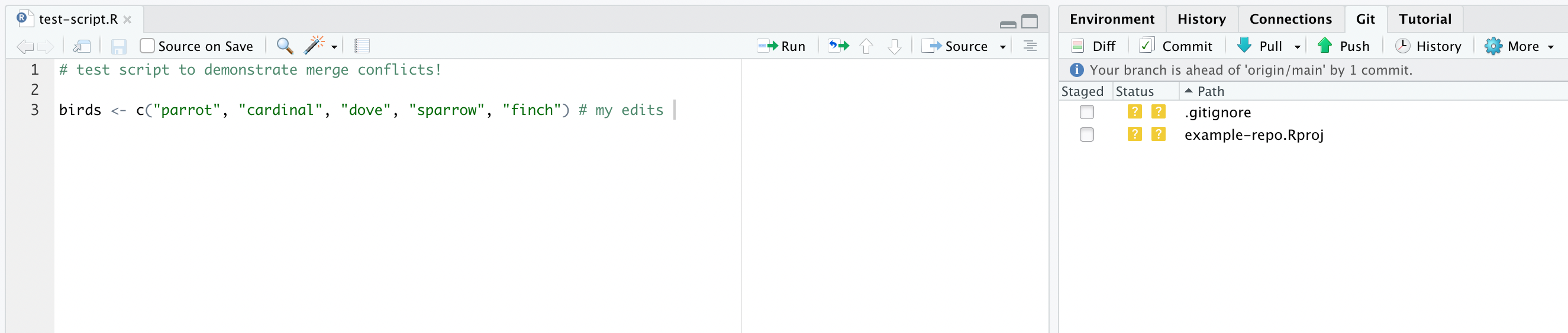 Screenshot of RStudio after a successful commit