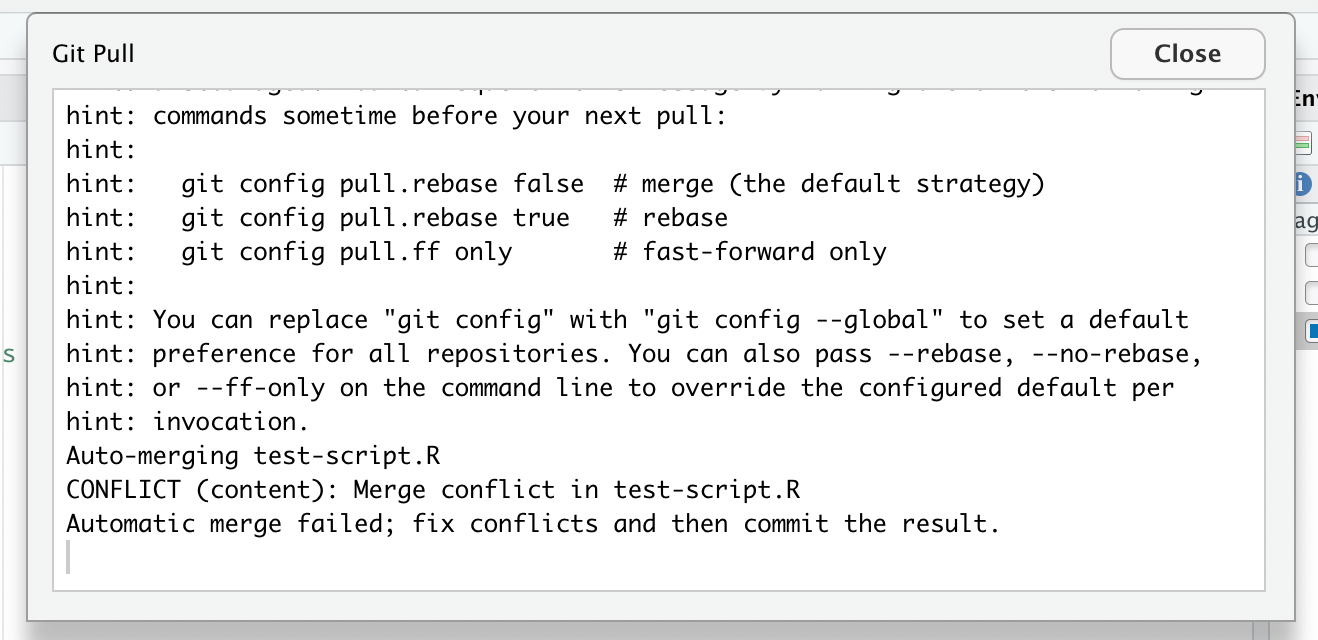 Screenshot of the message you get when you pull after getting a conflict and Git (through RStudio) warns you that it created an automatic merge