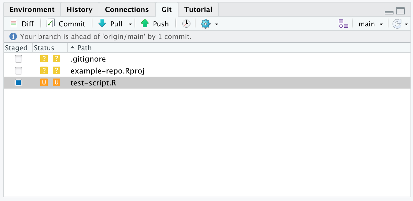 Screenshot of Rstudio's Git pane where the script with conflict now has two orange 'U' icons (for 'unresolved')