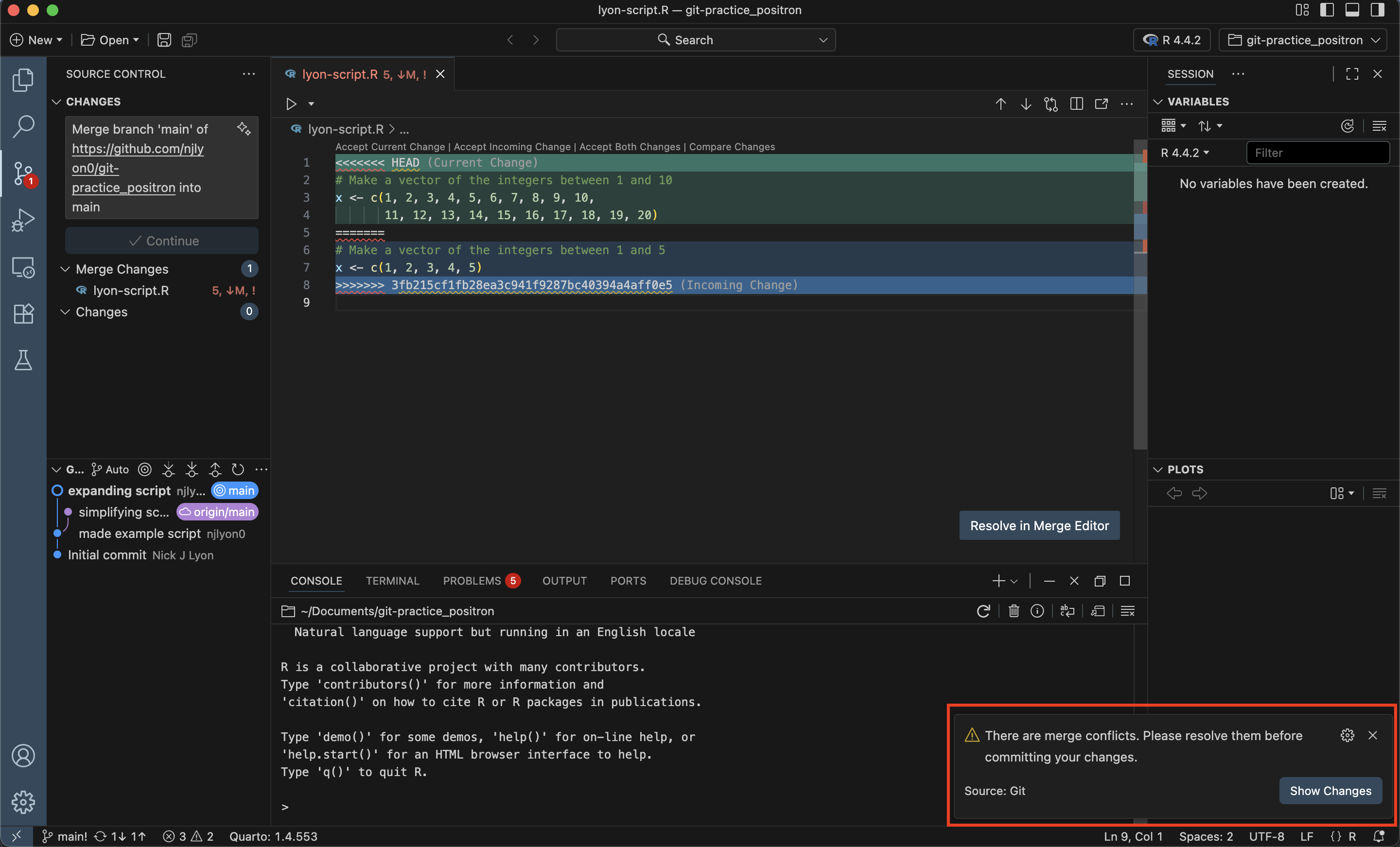Screen capture of Positron message warning about a merge conflict